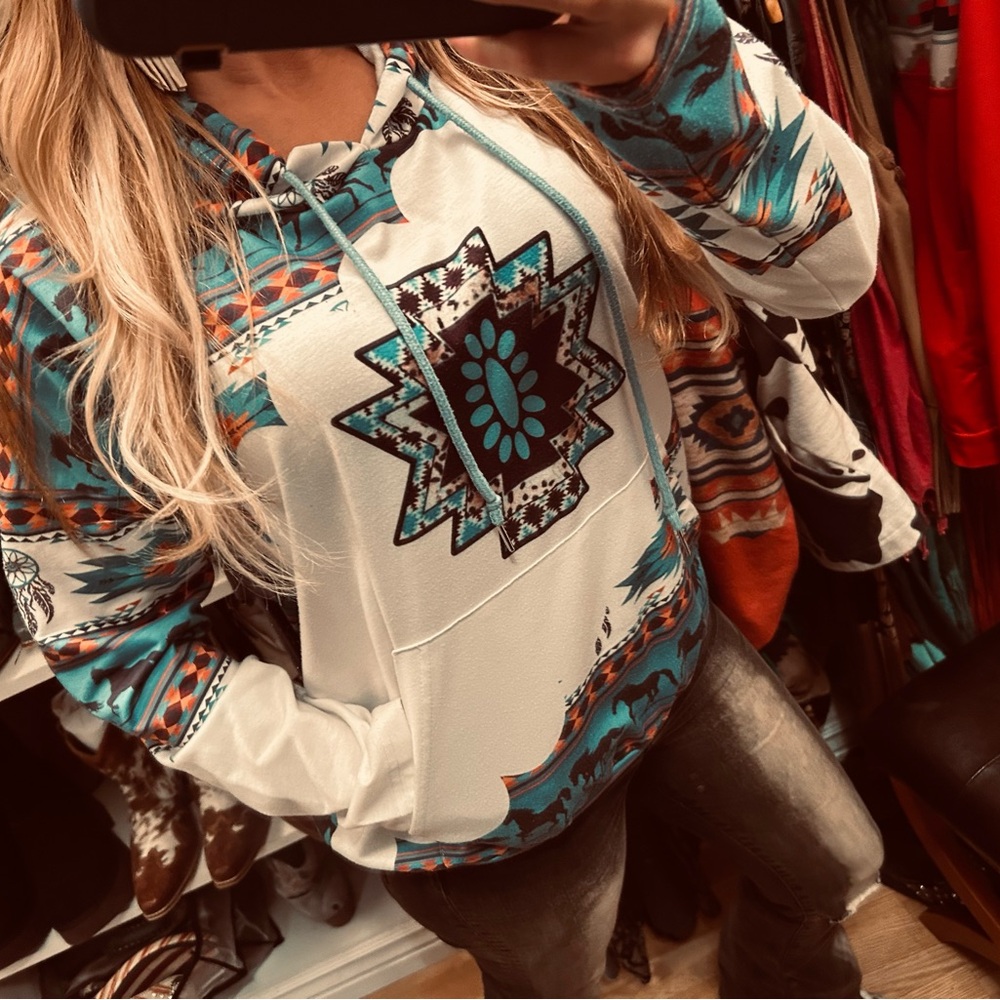 Aztec Print Hooded Pullover Sweatshirt - Turquoise/White size small - Picture 2 of 3